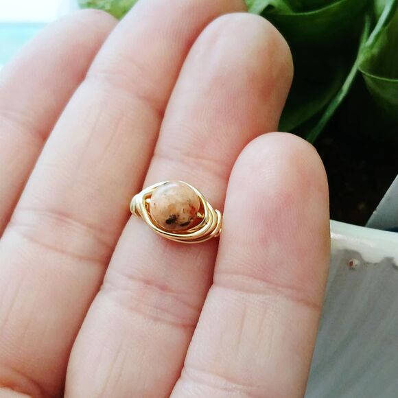 Dainty Orange Marble Beaded Ring, Stackable Stone Wire Ring, Size 4 - Picture 3 of 3